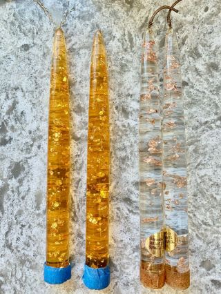 4 Mid - Century Lucite Gold Flakes Tapered Candles 8 " Tall Candle Stick Sunbell