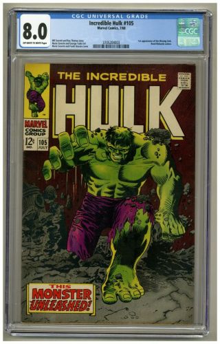 Incredible Hulk 105 (cgc 8.  0) Ow/w Pages; 1st App.  Missing Link; 1968 (j 1491)