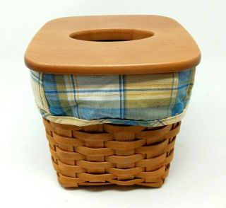 Longaberger Tissue Basket W/ Wooden Lid And Plaid Liner Classic Country Decor