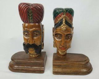 Indian Art Raja & Rani Hand Crafted Painted Carved Wood Wooden Bookends India