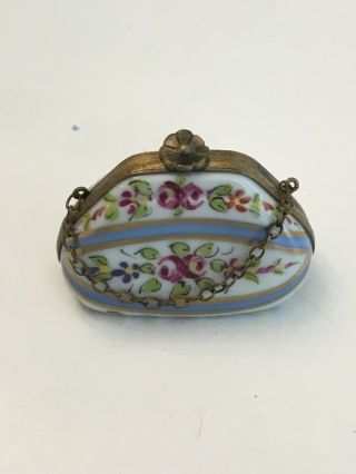 Signed Limoges France Peint Main Purse W/chain Hinged Trinket Box Roses