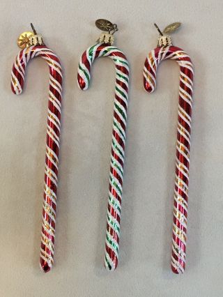 Set Of 3 Christopher Radko 7 " Crystal Cane 01 - 0003 - 0 Glass Candy Cane Ornaments