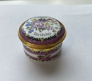 Halcyon Days Happy Birthday Enamel Box Bouquet Of Mixed Flowers Round Pink Edges