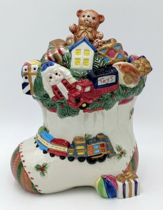 Fitz And Floyd Christmas Cookie Jar Holiday Centerpiece Toyland Handcrafted 2