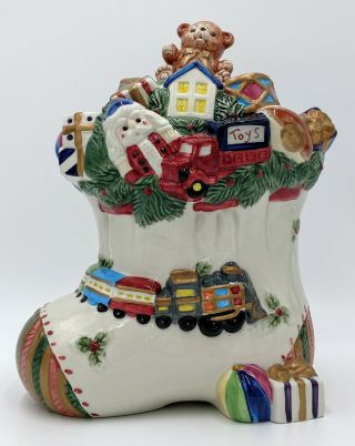 Fitz And Floyd Christmas Cookie Jar Holiday Centerpiece Toyland Handcrafted 3
