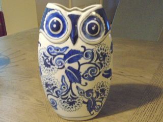 Vintage Cobalt Blue And White Tall Owl Vase Double Sided