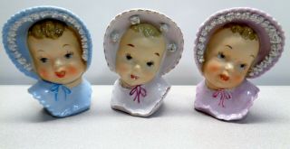 3 Vintage Ceramic Baby Face Planters Blue Pink White Baby Shower Nursery Artmark