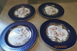 Fitz & Floyd " Les Anges " 4 Plates Navy Blue And Gold With Cherubs Angels