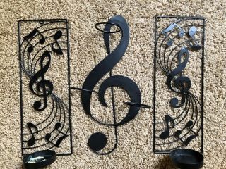3 Black Musical Notes Music Staff Treble Clef Metal Wall Votive Candle Sconce