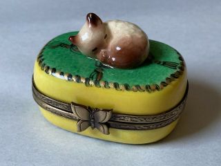 Charming Limoges Peint Main Hand Painted Trunket Box With Sleeping Cat Butterfly