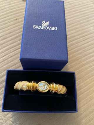 Swarovski Swan Signed Clear Crystal Peach? Enamel Gold Tone Bangle Bracelet
