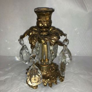 Vintage French Cast Brass Candlestick With Crystal Droplets
