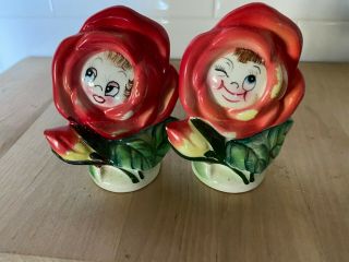 Anthropomorphic Py Japan Rose Flower Salt And & Pepper Shakers: Boy And Girl