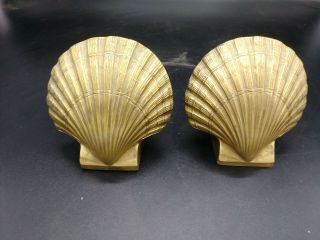 Vintage Heavy Solid Brass Pmc Scallop Sea Shell Book Ends - Philadelphia Mfg Co.