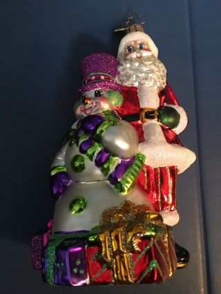 Radko Santa And Snowman With Purple Glittery Hat Presents 6.  5” Glass Ornament