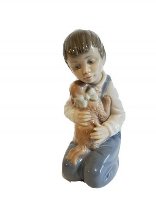 Nao Lladro Boy With Dog Figurine Porcelain Made In Spain