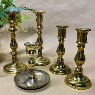 Vintage Brass,  Candlesticks,  Candle Holders,  Set Of 5,  Assorted Sizes,  Instant C