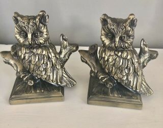 Vintage Brass Owl Bookends Set Of Two 7.  5” Tall