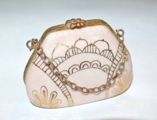 Limoges France Porcelain Trinket Pill Box Coin Purse Handbag Pink Gold Art Deco