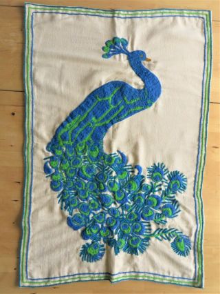 Vintage Embroidered Peacock Wall Hanging Tapestry 22.  5 " X34 " Lime Green & Blue