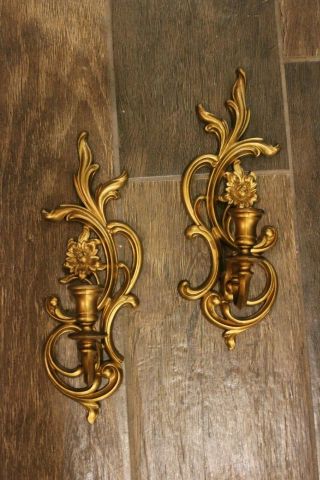 Vintage Pair Syroco Wall Hanging Candle Holder Sconces Floral Hollywood Regency