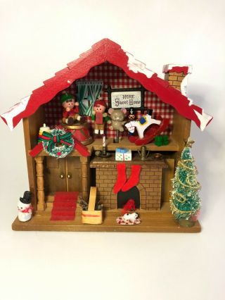 Vintage Christmas Music Box Enesco Wood Doll House Diorama Music Box 1983