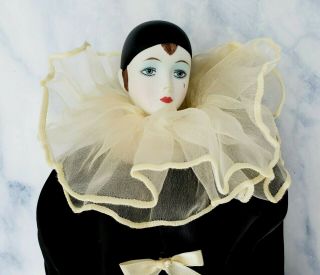 Vintage Sad Girl Porcelain Clown Doll Pierrot Style High Heels Black Satin Suit