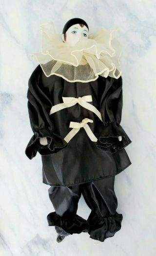 Vintage SAD Girl PORCELAIN CLOWN Doll Pierrot Style High Heels Black Satin Suit 2