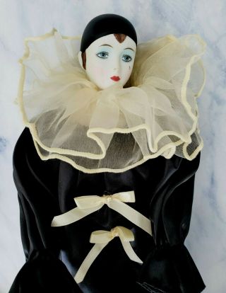 Vintage SAD Girl PORCELAIN CLOWN Doll Pierrot Style High Heels Black Satin Suit 3