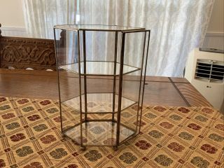Vintage Footed Glass/ Brass Curio Display Case 6 Sided 10” 3 Shelves