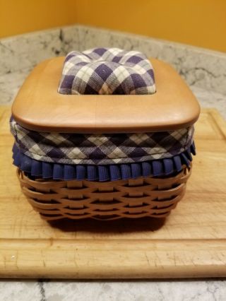 Longaberger Blue Ribbon Mending Basket With Pin Cushion Lid,  Liner,  2 Protectors