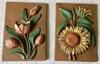 Vintage Chalkware Plaster High Relief Tulip Sunflower Wall Plaques Set Of 2 Euc