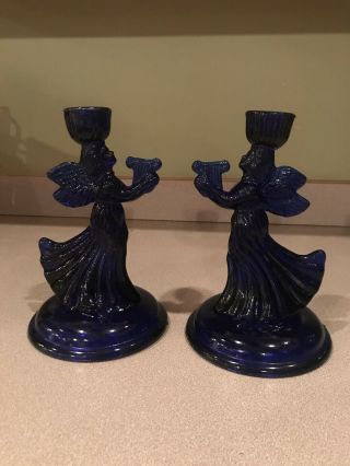 Angels With Harps Cobalt Blue Glass Candle Holders Set Of Two Vintage Christmas