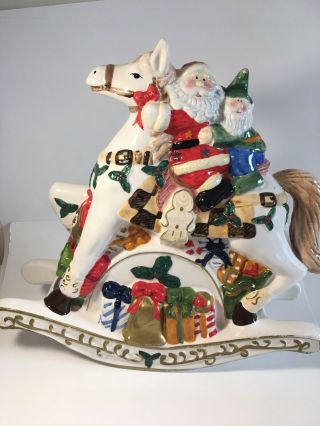 Vintage Christmas Santa On Rocking Horse W/ Holiday Elf Music Box Figurine