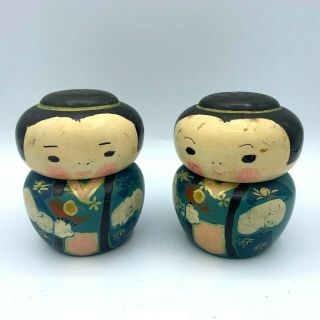 Vintage Pair Kokeshi Doll Wooden Hand Painted Salt Pepper Shakers Japan
