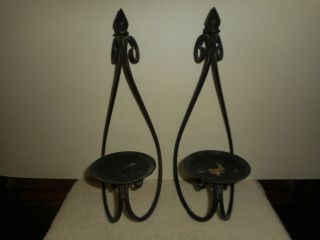 Vintage Wrought Iron Wall Sconce Candle Holders Black Scrolled Finial Tops Pair
