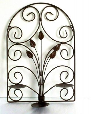 Wrought Iron Candle Sconce Wall Hanging Brown Leaf And Spiral Design 20 " Tall