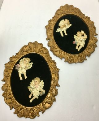 Vintage Pair Gold Ornate Cherub Angels Decorative Wall Hanging Frame 13 " X 9 "