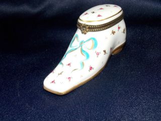 Limoges Porcelain Shoe Trinket Box Hand - Painted Marked Peint Main Pv Floral