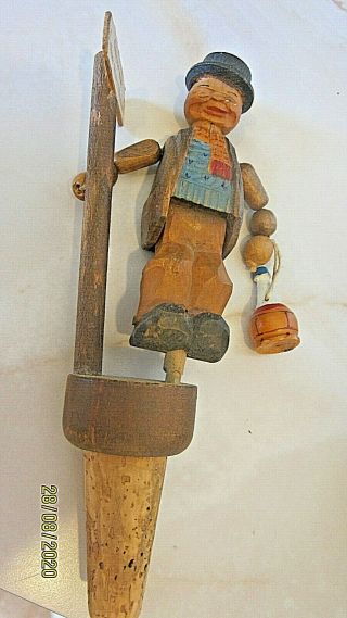 Anri ? Vintage Hand Carved Wood Bottle Stopper Drunken Man Show Me The Way Home