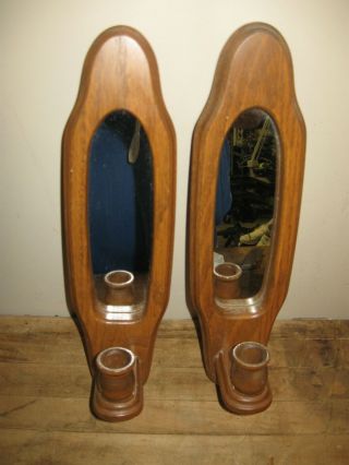 Set 2 - Oak Wood Mirrored Candle Wall Sconces - Home Interiors