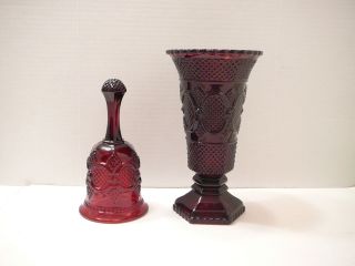 Vintage Ruby Red Sandwich Glass 8 " Vase & Dinner Bell 2 Piece 1876 Cape Cod Avon