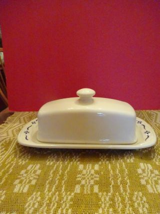 Longaberger Woven Traditions Pottery Butter Dish With Knob Lid Classic Blue Usa