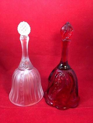 2 Vtg Fenton Bells - Ruby Red Paisley Pattern - Satin Frosted W Pineapple Finial