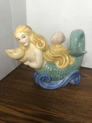 Rare Vintage Clay Art Hand - Painted Mermaid With Shells Teapot 1994