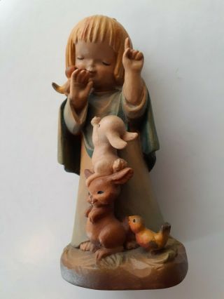 Vintage 6 " Wood Carving Anri Italy - Girl With Bunny Rabbits And Birds -