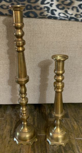 2 Vintage Solid Heavy Brass Candlesticks Candle Holder Large 27 & 19”