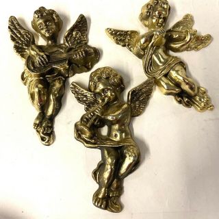 Set Of 3 Vintage Brass Cherubs Wall Decor Metal Angels Music Instrument Figures