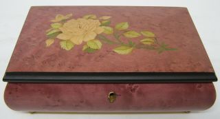 Vintage Italian Wood Inlay Music Jewelry Box With Key Plays Canon In D Major