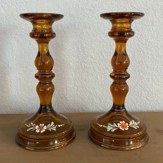 Set Of 2 Vintage Amber Glass Candlestick Holders 9 " Tall